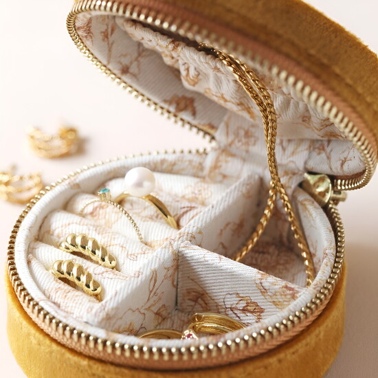 Mustard Velvet Round Travel Jewelry Case from Heavenly Homes and Gardens