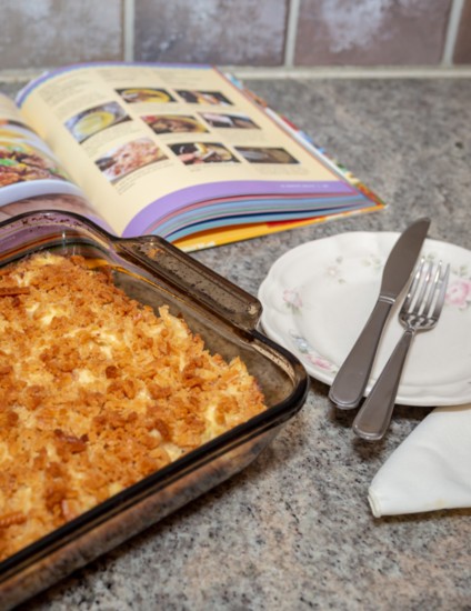 Homemade chicken casserole with cookbook