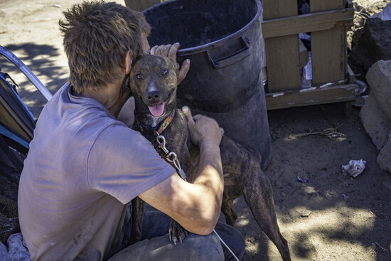 A resident at Juniper Ridge, Mike sits with one of the dogs in his care, "T."