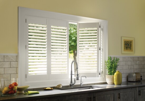 For easy cleaning, shutters are a great option—plus you can open or close to let in more light or  adjust for privacy.