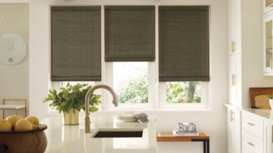Want a softer look in your kitchen? Roman shade vignettes come in a variety of colors and can be rolled up to let the light in.
