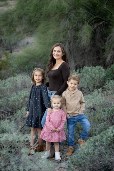 Monica with her children Olivia (8), Piper (2) and Hudson (5).