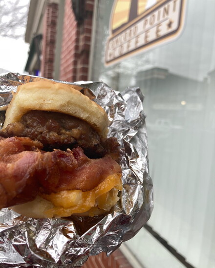 The Hog Wild (Homemade sausage, local bacon, fried egg, and Colby jack cheese on a buttermilk biscuit. Photo courtesy of Stacia Epps.