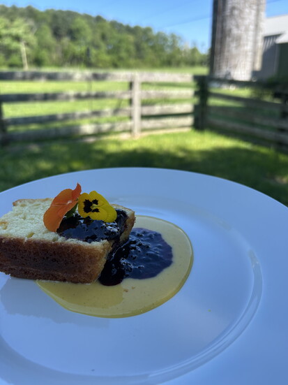 Homemade Pound Cake w/ Blackberry Sauce & Crème Anglaise prepared by Chef Stacia Epps. Photo courtesy of Stacia Epps.