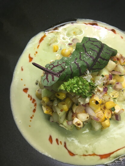 Cucumber Gazpacho with Charred Corn Salad prepared by Chef Stacia Epps. Photo courtesy of Stacia Epps.