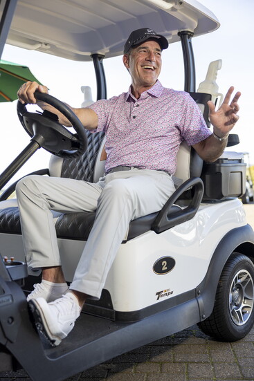 FootJoy Floral Print Performance Polo, Linksoul Pebble Gray Ellis Straight Leg Pants, FootJoy Premiere Series - Field LX Golf Shoes, Cloud Fit Golf Hat