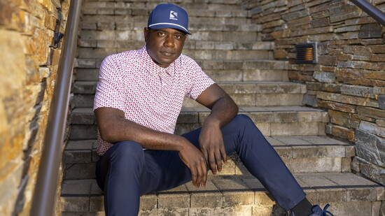Bobby Jones Performance Collection Cambridge Red/Black Palm Tree Print Polo, Puma Navy Golf Pants, Royal Blue Callaway Rope Trim Hat