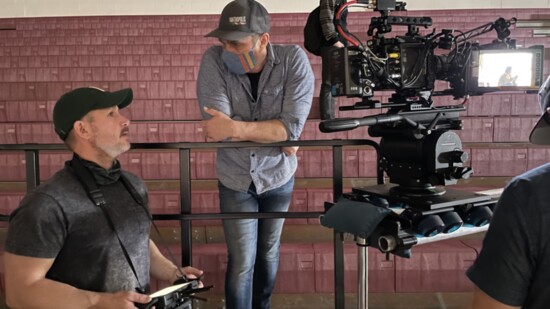 Cinematographer Ryan Little confers with Corbin on set of their short films "Sticks and Stones" and All That Matters, which Corbin wrote, produced and directed
