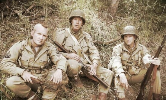 (L to R) Corbin Allred, Jason Wade and David Nibley on the set of the 2012 war drama feature "Saints and Soldiers: Airborne Creed"