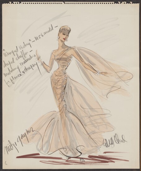 Costume design sketch for Mitzi Gaynor as Patsy Blair in the film 'Anything Goes', 1956, Wisconsin Center for Film and Theater Research