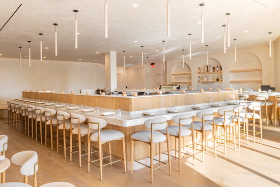 The Brentwood space is anchored by a 36-seat sushi bar