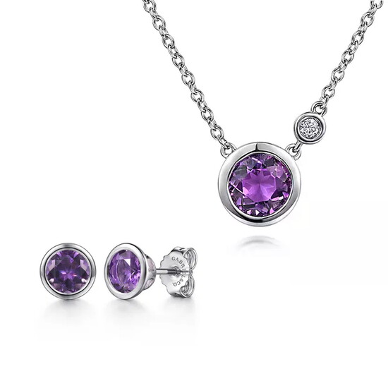 Amathyst earrings and necklace by Gabriel