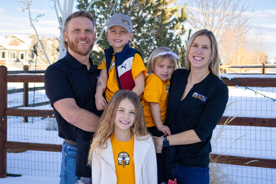 Owners Nick and Kari Schaneman with their family - building Bumble Bee Blinds as a business rooted in home, balance, and community.