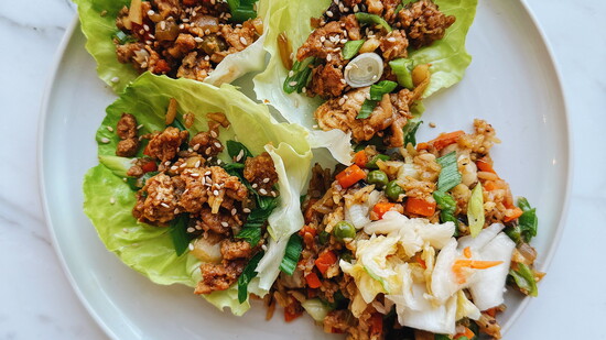 Chicken Lettuce Wraps with Kimchi Cauliflower Fried Rice