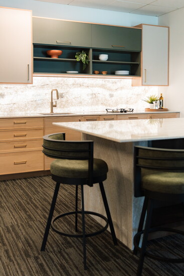 Full kitchen mock-up inside Crystal Remodeling's office building 