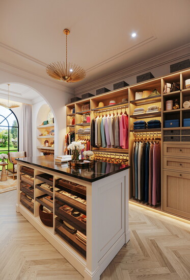 Classic custom closet in warm browns and cream tones.