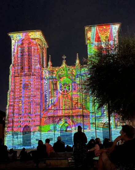 The Saga, a sound and light performance, is projected on the façade of San Antonio’s San Fernando Cathedral. (Photo by Elaine Warner)