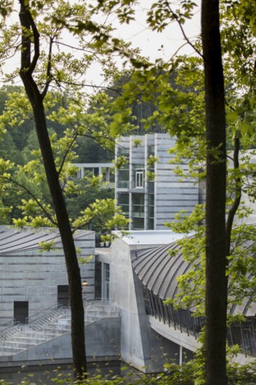 View of east side of Crystal Bridges Museum of American Art from the overlook