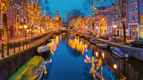 Amsterdam, Netherlands canals with Christmas lights during December