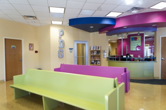 The waiting area at Pediatric Dental Group on Utica is bright and cheery.