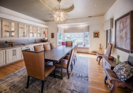 A client's new dining room.  Wall color:  Labradorie by Sherwin Williams.