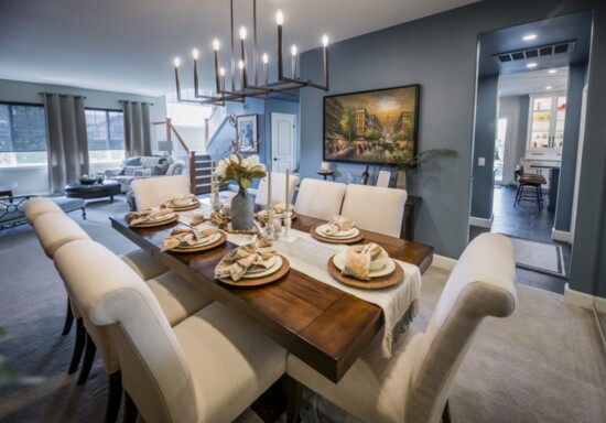 Table and chairs by Pottery Barn.  Lighting by Uttermost.  Wall color in Labradorie by Sherwin Williams.