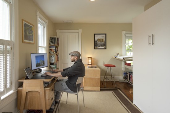 With the Murphy bed up, there's plenty of workspace