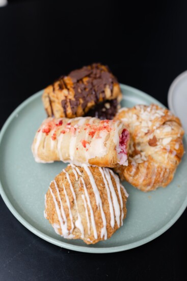 Cinnamon Scone, Death by Chocolate Croissant, Strawberry Cream Cheese Croissant and Almond Croissant