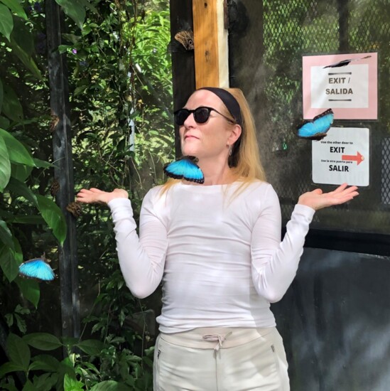 Susan Grossman at the Butterfly Haven, El Valle, a sanctuary and preserve featuring more than 250 live butterflies including the native blue morpho. 