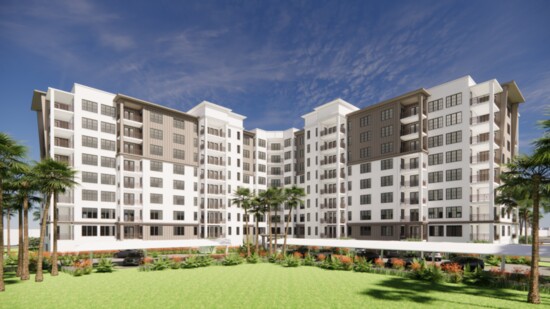 This rendering shows a front view of The Overlook at Jacaranda Trace