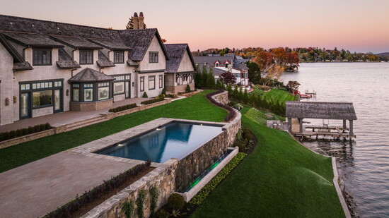Wide shot of island trail pool from B&B Pool and Spa