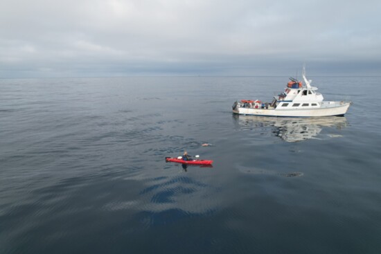 Photo provided | John’s Catalina swim with kayak pacer, boat and crew. 