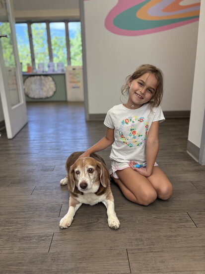 Kayla Teplitz, 8, practices her annual petting of Dr. Bill.  A delightful young girl with a history of fear of dogs, Bill has done wonders for her confidence.