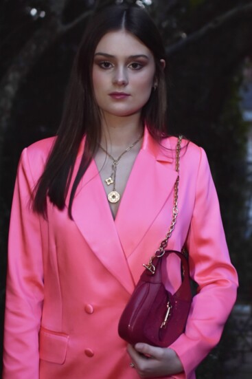 Flamingo in pink blazer dress from Monkee's of Huntsville, vintage Gucci handbag available at select stores, jewelry by Roberto Coin from Loring&Co. 
