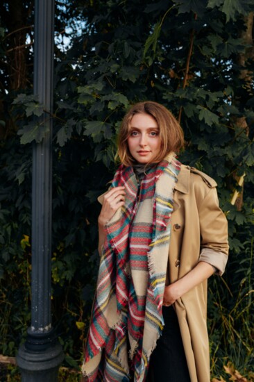 Classic Collegiate: oversized trench, plaid oversized blanket scarf, “just a bit” distressed straight leg