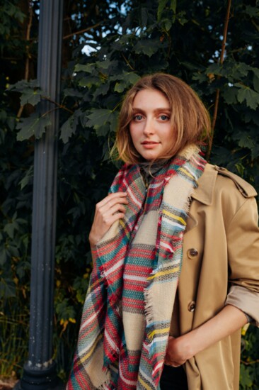 Classic Collegiate: oversized trench, plaid oversized blanket scarf, “just a bit” distressed straight leg