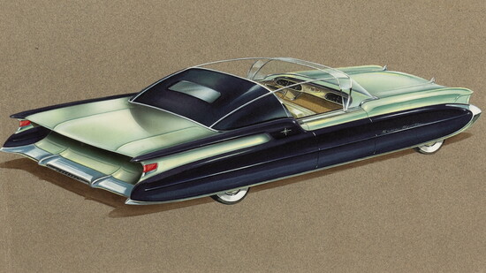 Ben Kroll, Solar Sports concept proposal, 1953, airbrushed ink and gouache on colored paper. Detroit Institute of Arts, Gift of Julie Hyde-Edwards in memory of