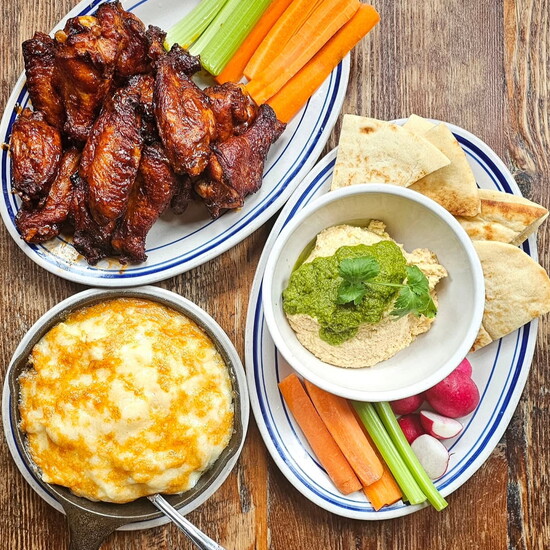 Hackney Wings, White Truffle Mac 'n' Cheese, Green Chile Hummus