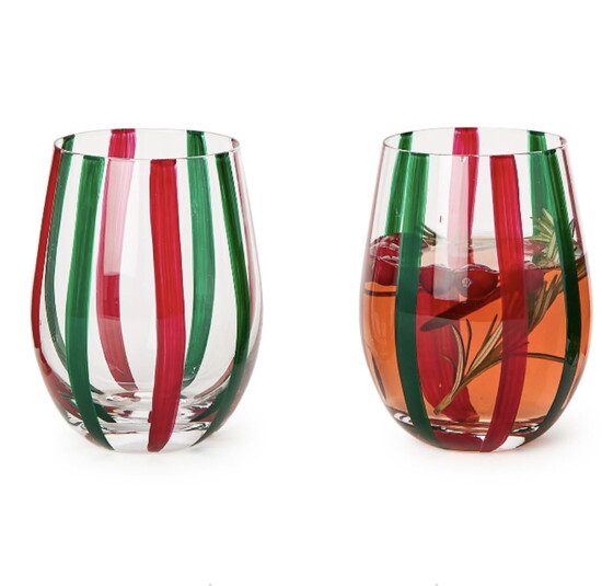 Two’s Company Holiday Stripe Stemless Wine Glass–$16