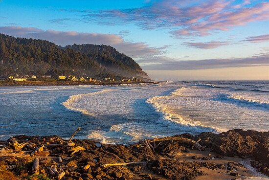 Incoming tide at Yachats River with Cape Perpetua in background