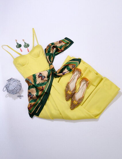 Dress: Daniel Gonzalez. Scarf: Lyon Roark. Bag: Eternal. Earrings: Found Collection Charlotte. Shoes: Ellett. 