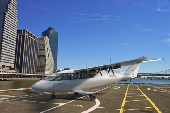 Image of Electra’s hybrid eSTOL aircraft at New York’s Downtown Manhattan Heliport.