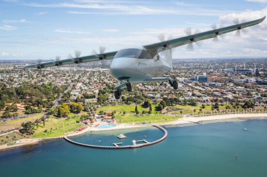 An Electra eSTOL aircraft flies over Geelong, Australia from an airport operated by Skyportz, Australia’s trailblazing air mobility infrastructure developer.