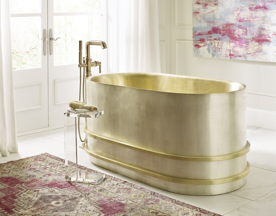 The Quintana Tub, from the Thompson Traders, is handcrafted in satin brass and burnished nickel. (Photography courtesy of Thompson)