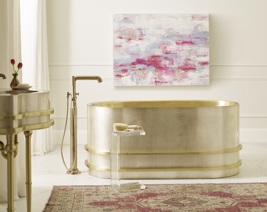 The Quintana Tub, from the Thompson Traders, is handcrafted in satin brass and burnished nickel. (Photography courtesy of Thompson)