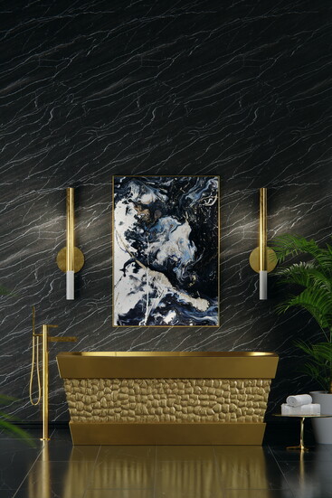 The Tortuga Tub, from Thompson Traders, is handcrafted in satin brass with a turtle shell-inspired texture. (Photography courtesy of Thompson)