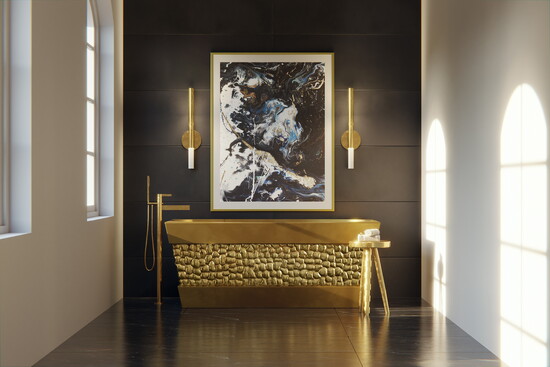 The Tortuga Tub, from Thompson Traders, is handcrafted in satin brass with a turtle shell-inspired texture. (Photography courtesy of Thompson)