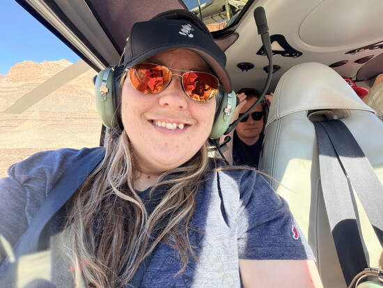 Stephanie on a helicopter tour of the Grand Canyon for the first time with three generations of family in March 2026.