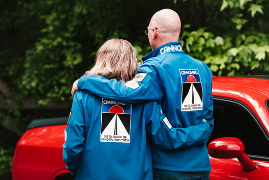 Danielle Crawly and Greg Ellner sporting the commerative Cannonball Run Racer's jacket; a prised position for all who are man and woman enough to run the race.