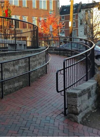 Curved ramp from Hanover Garage to the Gaslight patio. Photo by Anne Weidman